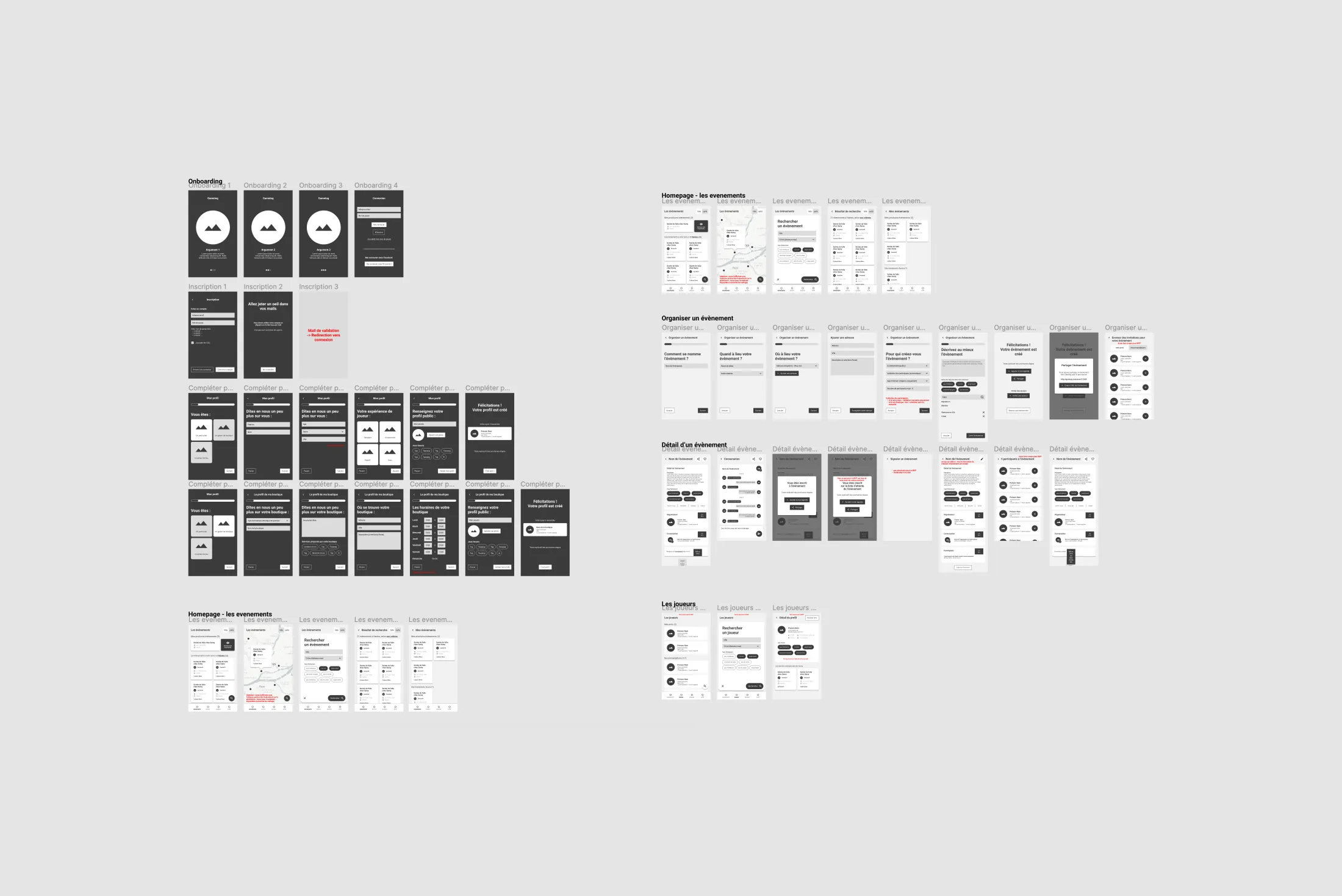 Wireframes des parcours d'onboarding et de création de session Gamtog